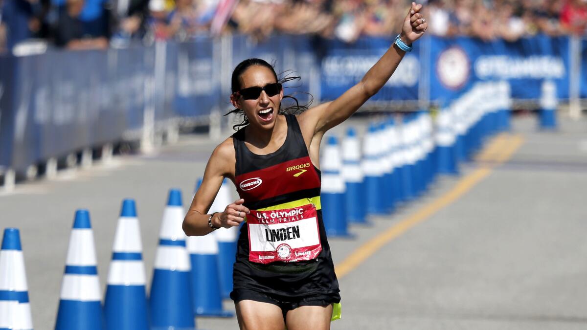 Desiree Linden heads to the finish line in second place during the women's U.S. Olympic trials on Feb. 13 in Los Angeles.