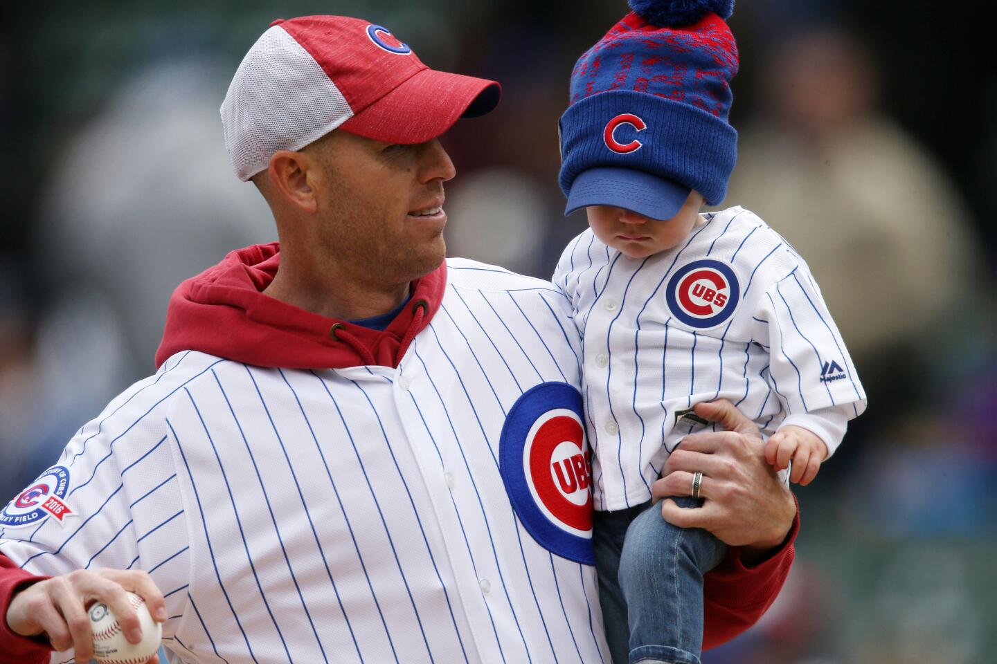 Robbie Gould looks to throw out the first pitch prior to a Cubs-Pirates game at Wrigley Field on May 14, 2016.