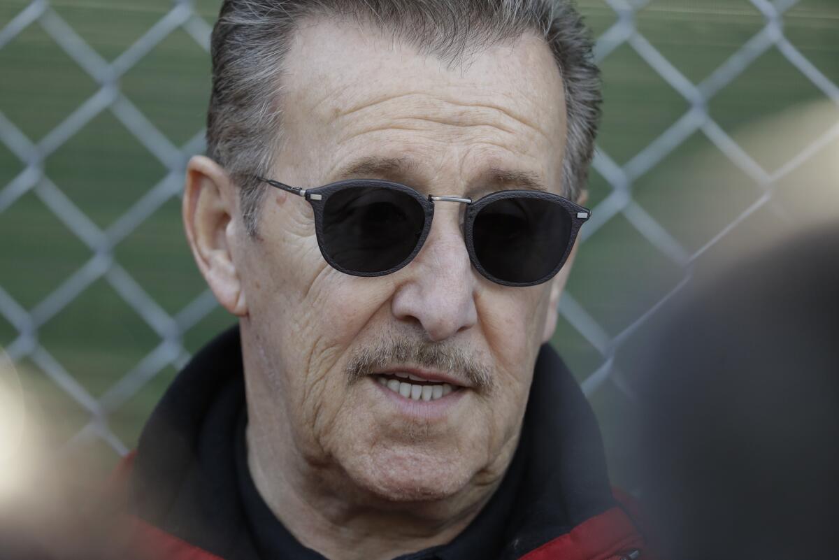 Angels owner Arte Moreno speaks with the media during a spring training practice Feb. 17.