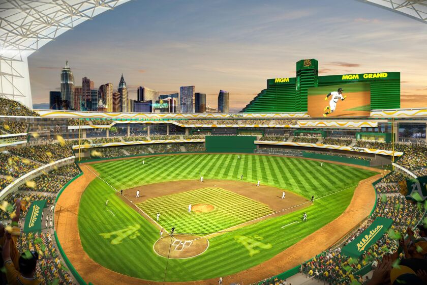 REMOVES LANGUAGE ABOUT BILL AND FINANCING - In this rendering released by the Oakland Athletics Friday, May 26, 2023 is a view of their proposed new ballpark at the Tropicana site in Las Vegas. (Oakland Athletics via AP)
