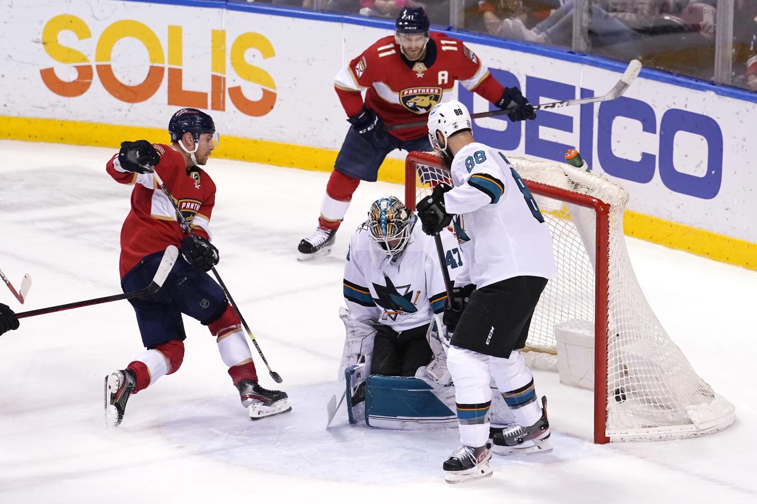 Florida Panthers center Aleksander Barkov (16) looks up after scoring a  goal during the third period of an NHL hockey game against the San Jose  Sharks, Saturday, Jan. 29, 2022, in Sunrise