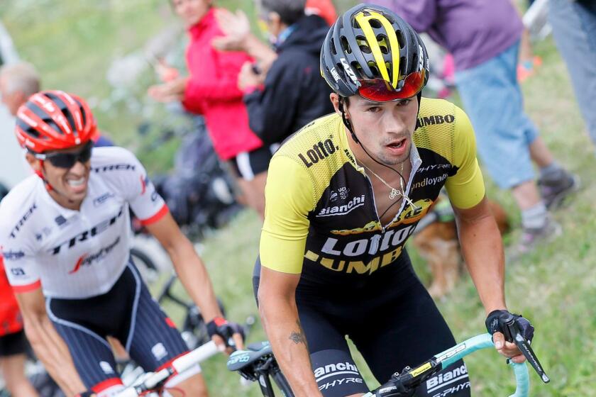 epa06097018 Team Lotto NL Jumbo rider Primoz Roglic (R) of Slovenia and Trek Segafredo team rider Alberto Contador (L) of Spain in action during the 17th stage of the 104th edition of the Tour de France cycling race over 183km between La Mure and Serre Chevalier, France, 19 July 2017. EPA/ROBERT GHEMENT ** Usable by LA, CT and MoD ONLY **