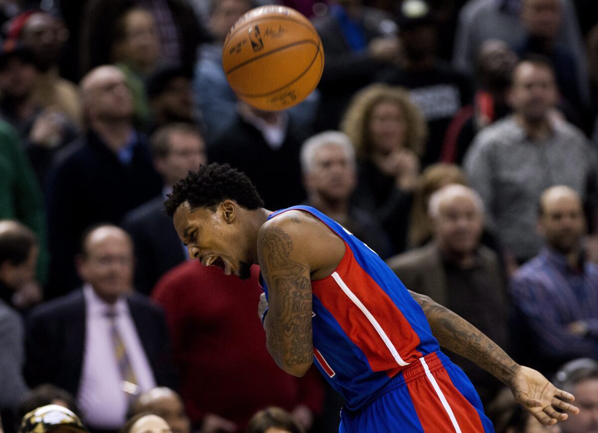Pistons guard Brandon Jennings slams the ball down after defeating the Raptors, 114-111. Jennings led the Pistons with 34 points and 10 assists.