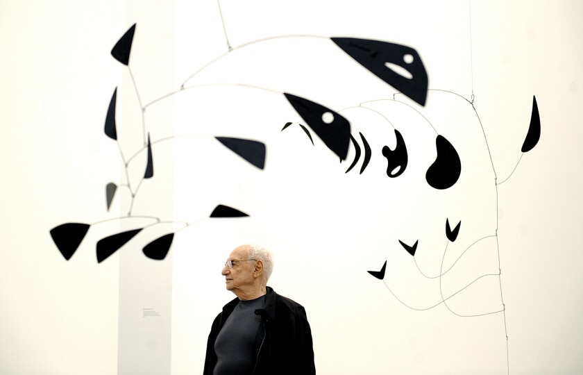 Architect Frank Gehry in the Calder exhibit at LACMA that he designed to highlight Alexander Calder's work.