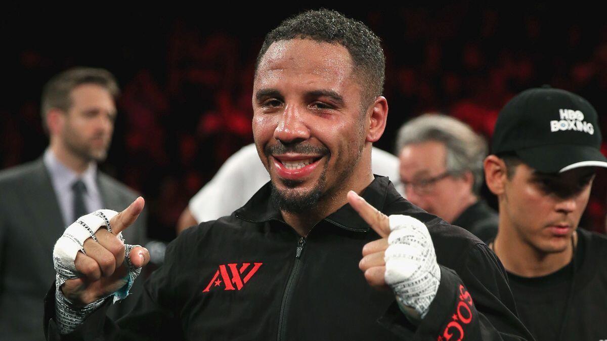 Andre Ward celebrates after defeating Sullivan Barrera on March 26, 2016, in Oakland.