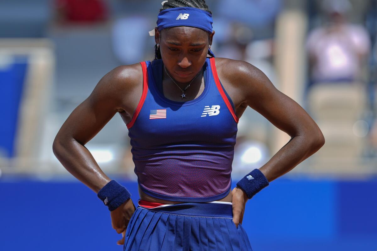 Coco Gauff of United States reacts after arguing with the umpires during her women's.