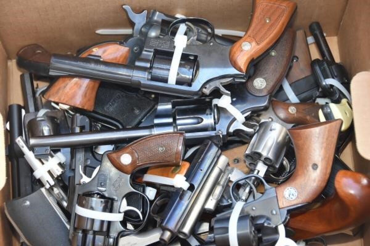A box of revolvers collected by the San Diego County Sheriff's Department Saturday.