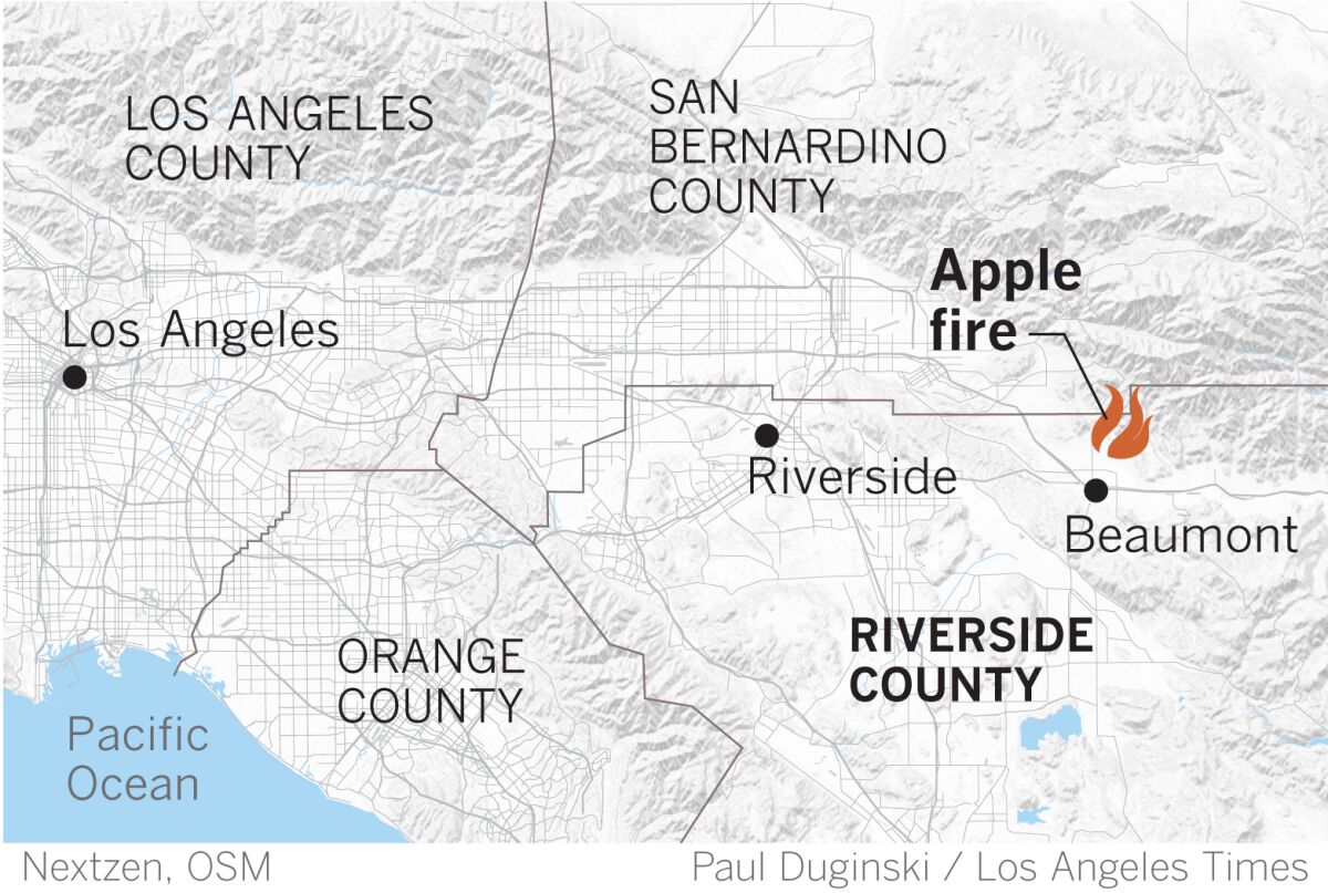 A map shows the site of the Apple fire in northern Riverside County