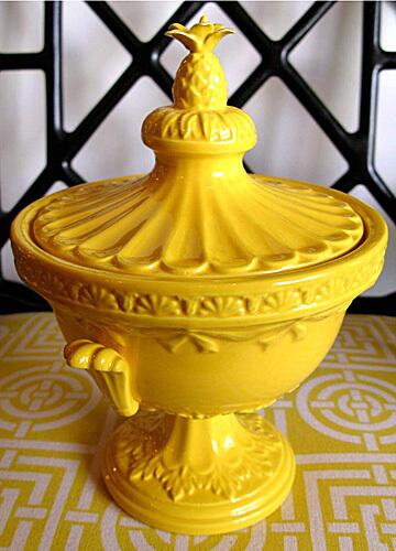 "This color has poolside Palm Springs written all over it," says interior designer Jaime Rummerfield. "We love this canary yellow for the pop it adds to room." This classical urn-shaped Astor canister with a pineapple finial is part of a collection of three ceramic vessels made by the New York accessories design firm Vellum. The collection sells for $229 at Woodson & Rummerfield's House of Design in Los Angeles.