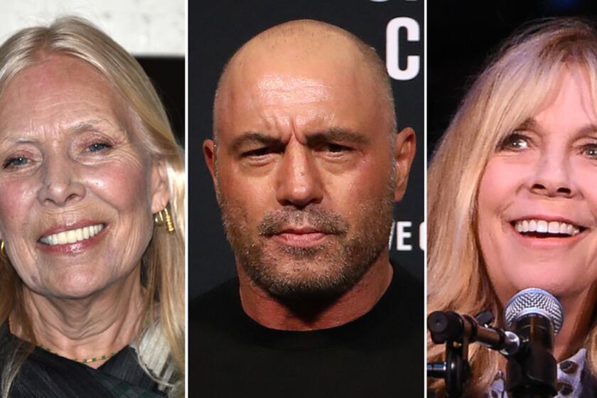 Separate photos of Joni Mitchell, left, Joe Rogan, center, and Rickie Lee Jones, right