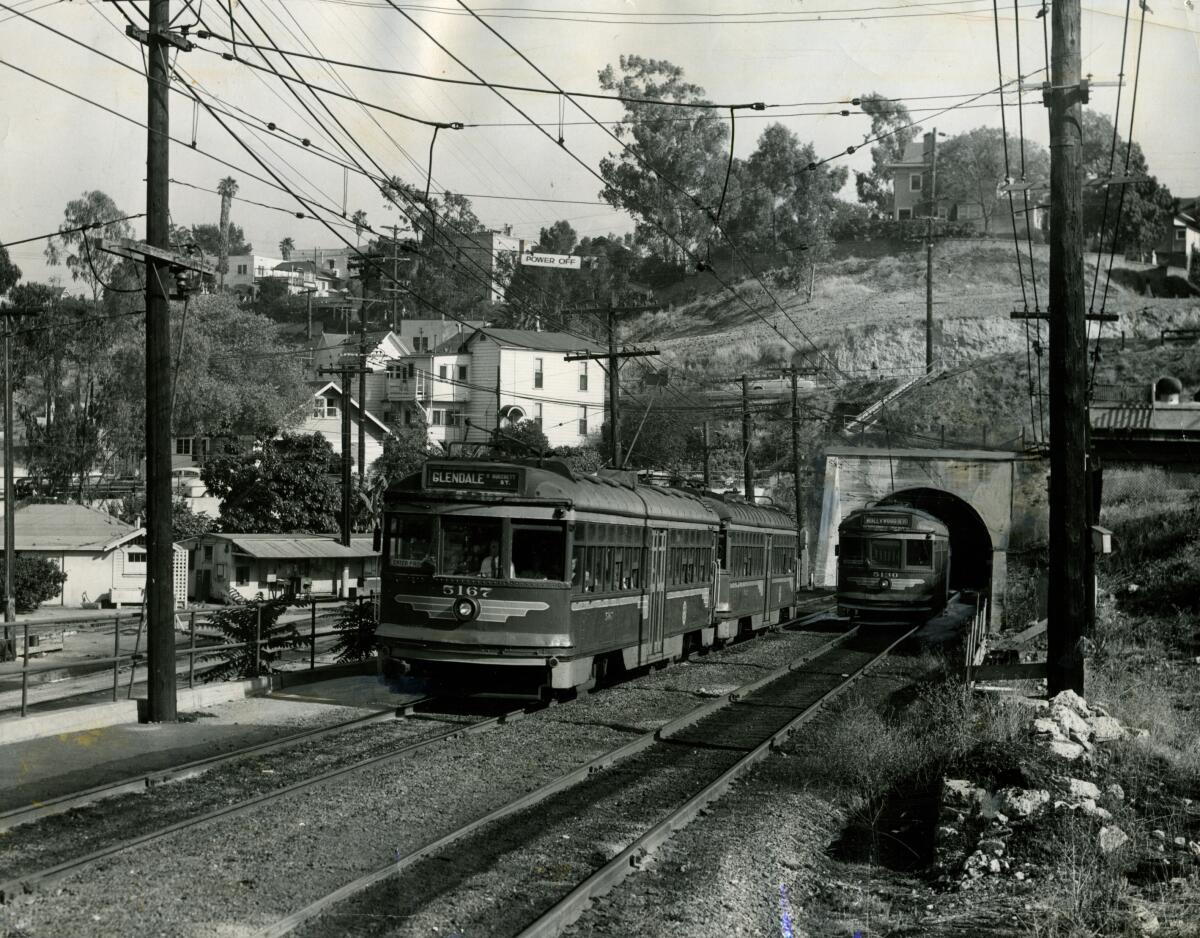 Pacific Electric cars travel through a mile-long subway that ended on Glendale Boulevard north of downtown Los Angeles. 