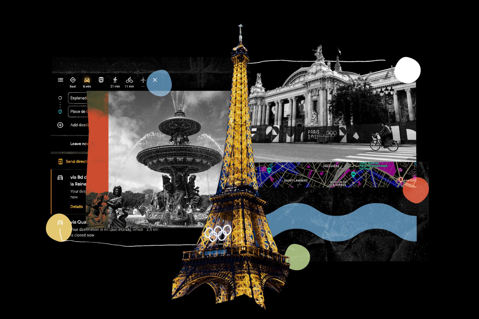 A collage of the Fontaine des Mers on the Place de la Concorde square, the Eiffel tower at night and The Grand Palais