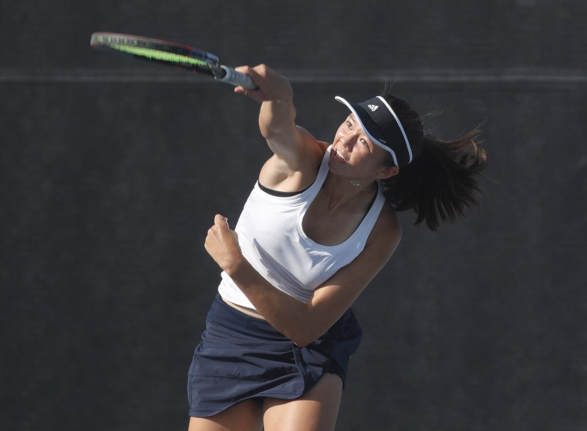 Sara Miller, shown playing against Laguna Beach on Tuesday, helped the CdM girls' tennis team beat Edison 17-1 on Thursday.