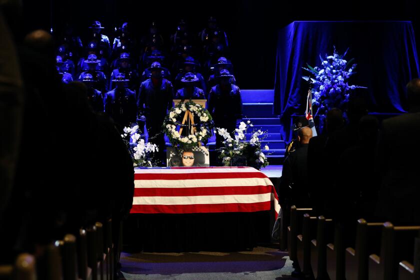 MODESTO, CA - JANUARY 05: The flag-draped casket of slain Newman police officer Corporal Ronil Singh is seen during a funeral service at CrossPoint Community Church on January 5, 2019 in Modesto, California. Hundreds of police officers from across the country along with members of the public came out to pay their respects after Cpl. Singh was shot and killed by an undocumented immigrant on December 26 following a traffic stop of a fugitive parolee. (Photo by Stephen Lam/Getty Images) *** BESTPIX *** ** OUTS - ELSENT, FPG, CM - OUTS * NM, PH, VA if sourced by CT, LA or MoD **