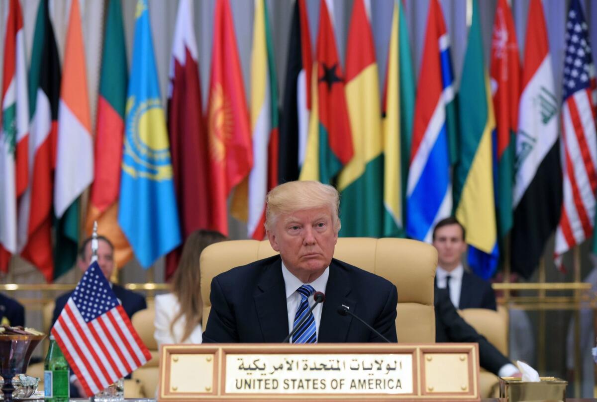 President Donald Trump is seated during the Arabic Islamic American Summit at the King Abdulaziz Conference Center in Riyadh on May 21, 2017.
