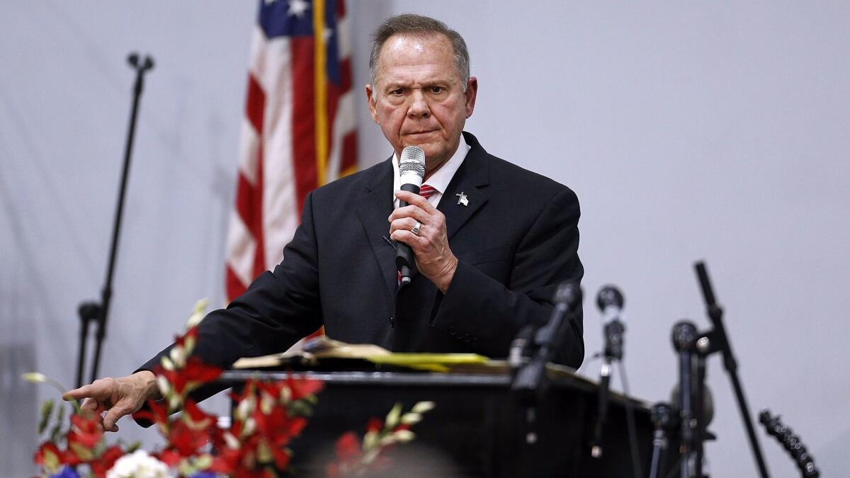 Roy Moore speaks during a U.S. Senate campaign event at the Walker Springs Road Baptist Church in Jackson, Ala., on Nov. 14.