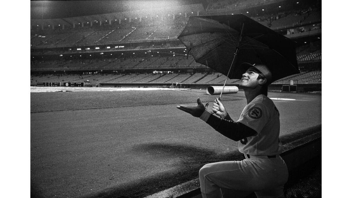 April 12, 1976: Los Angeles Dodgers first baseman Steve Garvey shields his head with an umbrella while watching rain fall at Dodger Stadium. After a 75-minute delay, the scheduled home opener was postponed.