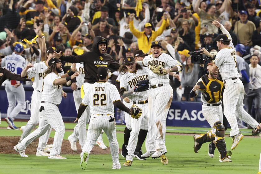 San Diego, CA, Saturday, October 15, 2022 - The San Diego Padres celebrate defeating the Los Angeles Dodgers.