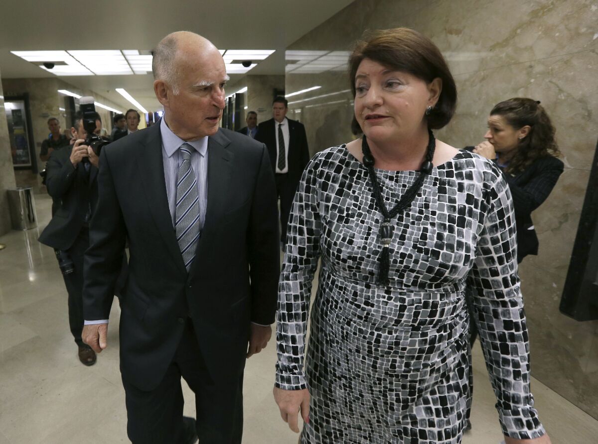 Gov. Jerry Brown and incoming state Senate leader Toni Atkins (D-San Diego) in 2015.