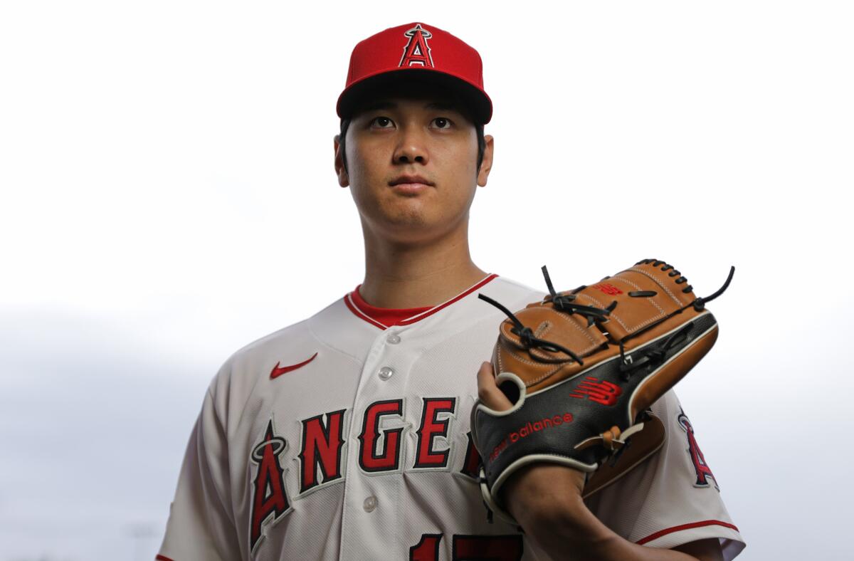 Angels pitcher and designated hitter Shohei Ohtani is photographed at spring training