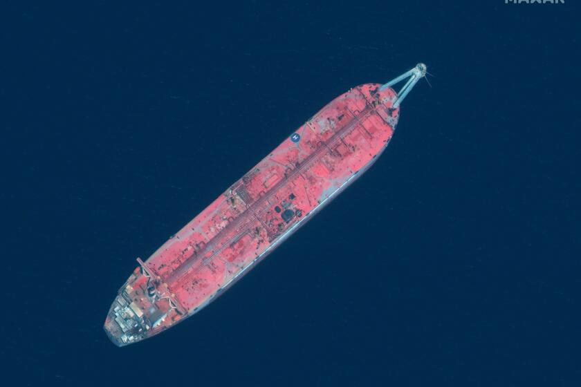 This satellite image provided by Manar Technologies taken June 17, 2020, shows the FSO Safer tanker moored off Ras Issa port, in Yemen. Houthi rebels are blocking the United Nations from inspecting the abandoned oil tanker loaded with more than one million barrels of crude oil. UN officials and experts fear the tanker could explode or leak, causing massive environmental damage to Red Sea marine life. (Maxar Technologies via AP)