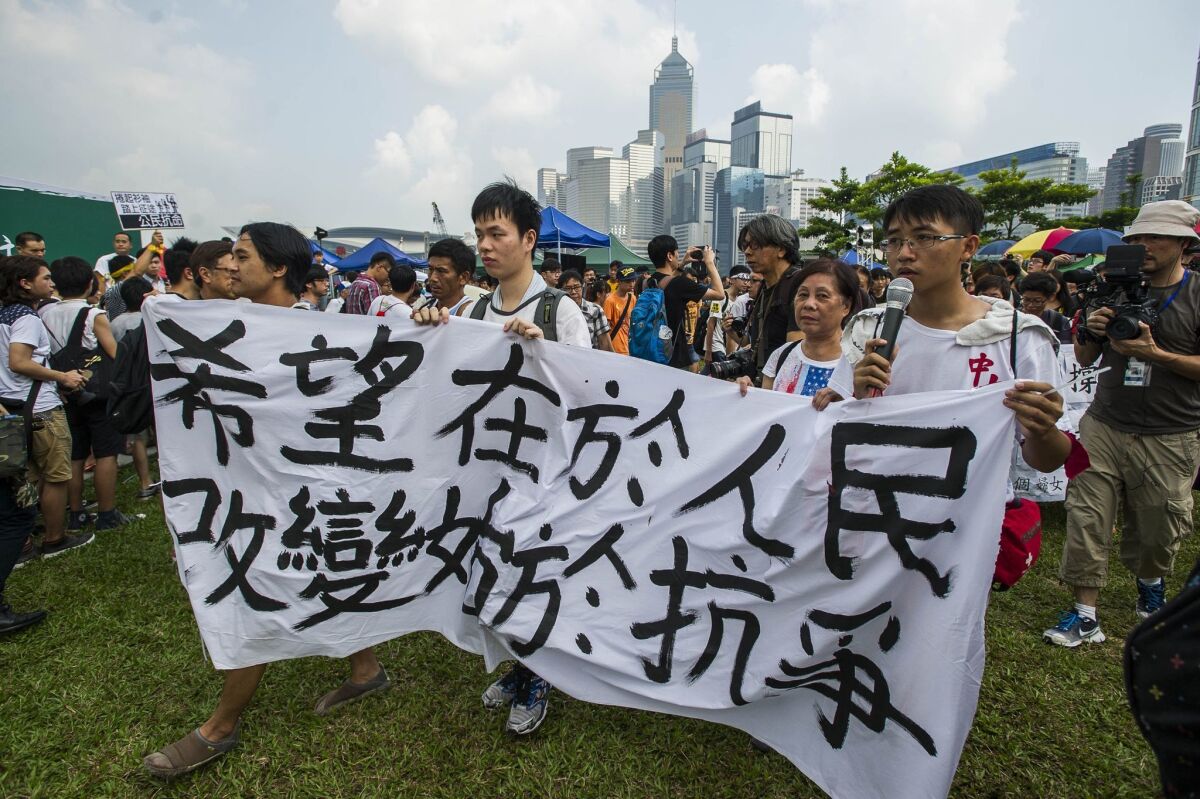 Students protesting for greater democratic rights march in Hong Kong on Sept. 24.