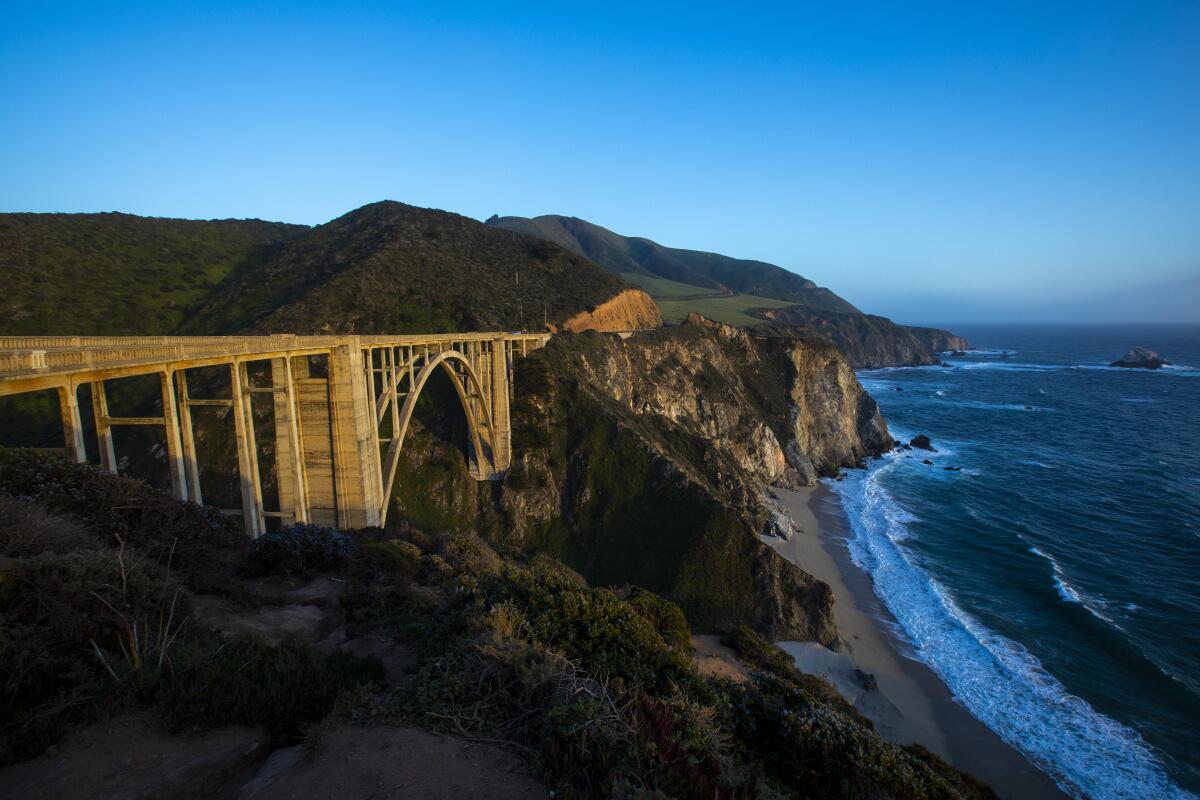 Bixby Creek Bridge, completed in 1932, spans Bixby Canyon on the Big Sur coast along California Highway 1.
