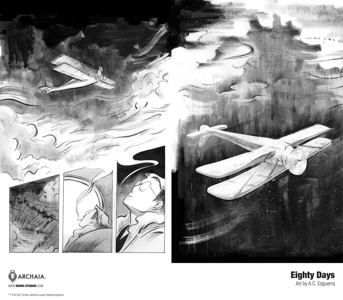 Comic book page with a plane flying