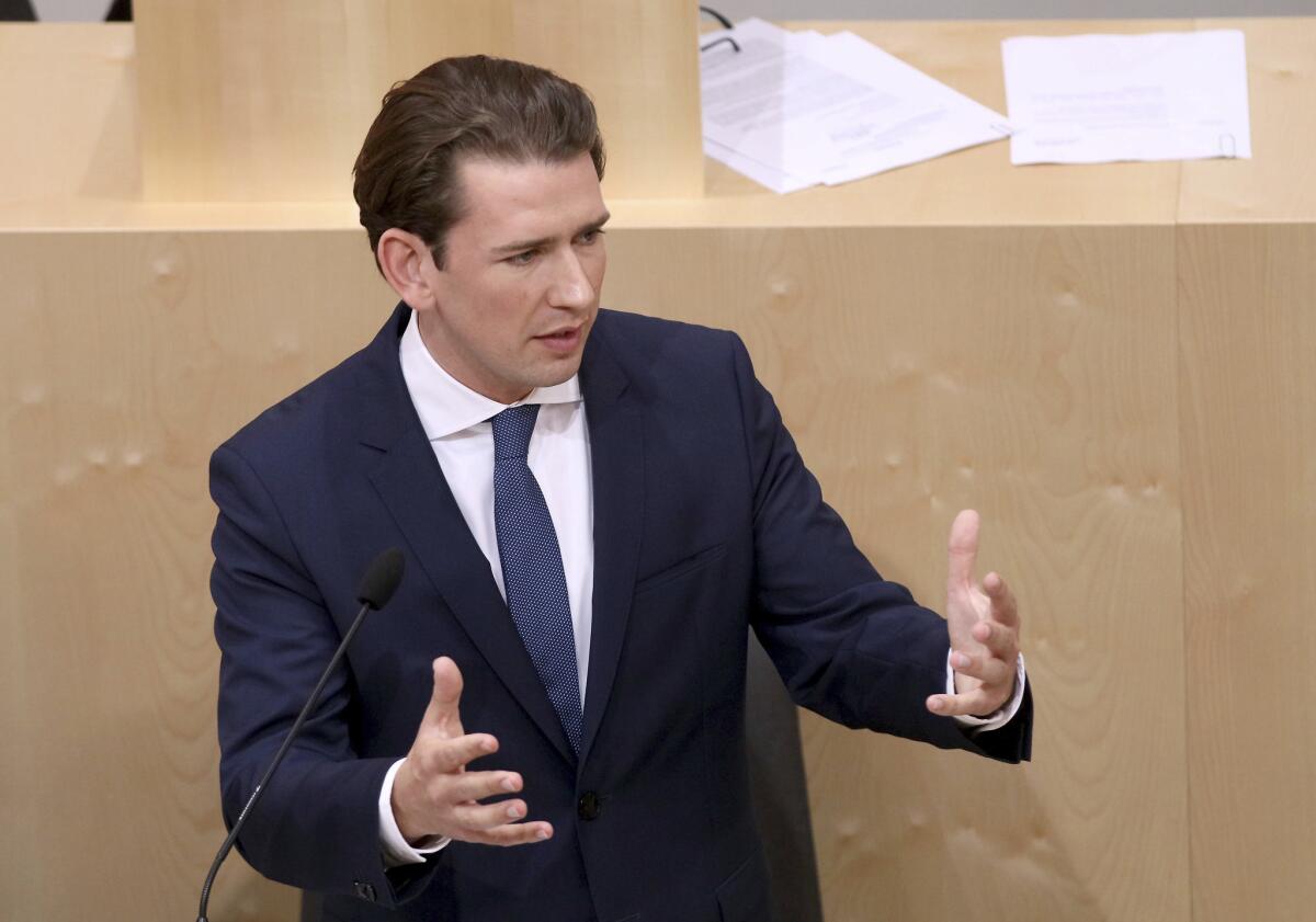 Austrian Chancellor Sebastian Kurz speaks in parliament in Vienna on Monday before a no-confidence vote.