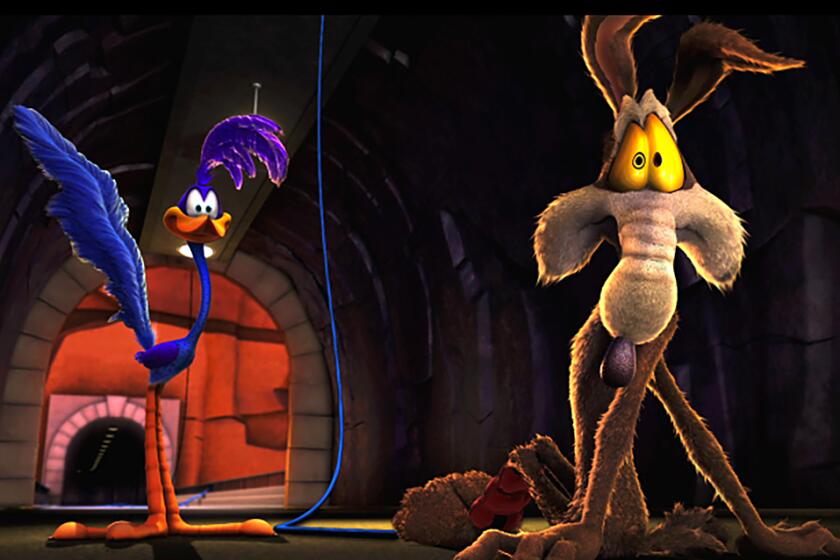CGI cartoon renderings of the Road Runner and Wile E. Coyote in a dim dungeon.