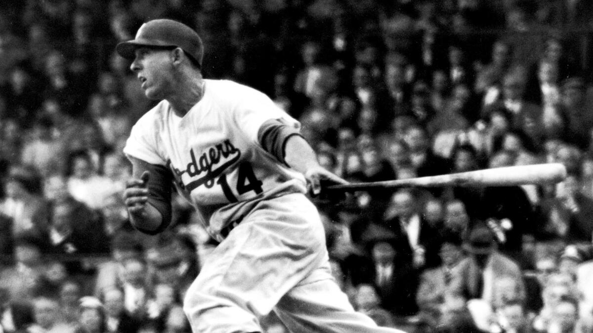 Dodgers first baseman Gil Hodges shown at the plate while playing in Brooklyn.