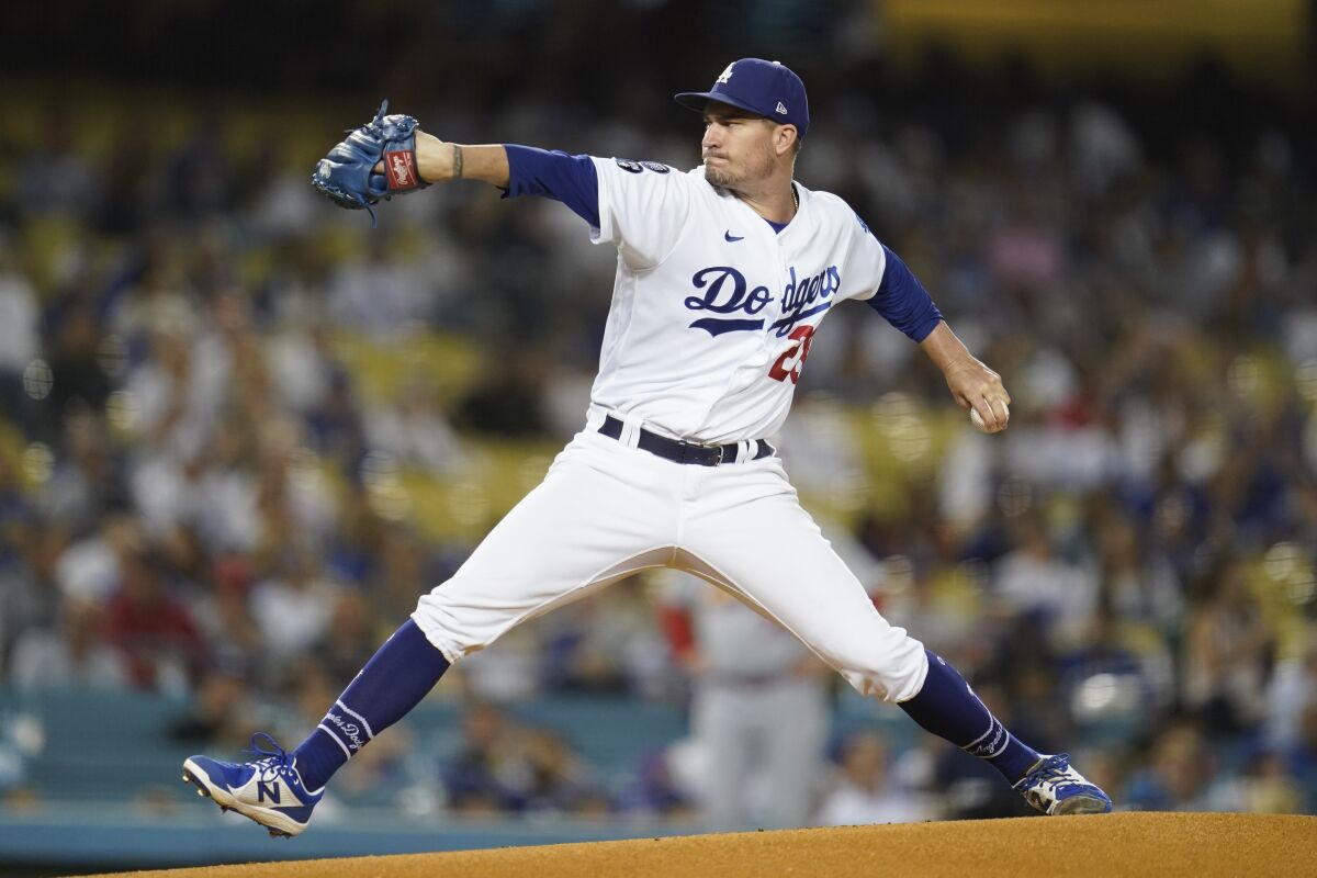 Dodgers pitcher Andrew Heaney throws during the first inning.