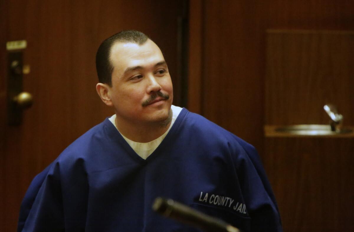 Louie Sanchez, one of two men who assaulted Bryan Stow outside Dodger Stadium in 2011, is shown in court in February 2014. Sanchez was expected to be sentenced Thursday on a federal gun charge related to the Stow beating investigation.