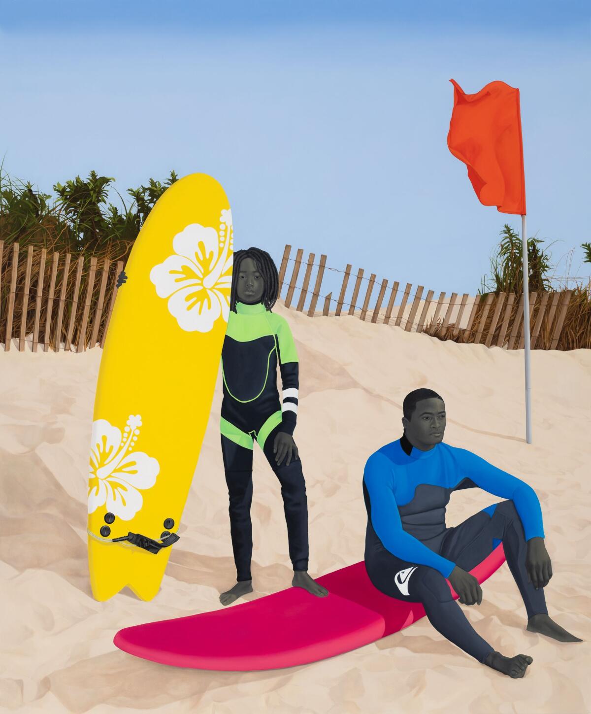 Artwork shows two young people in wetsuits at the beach with their surfboards.