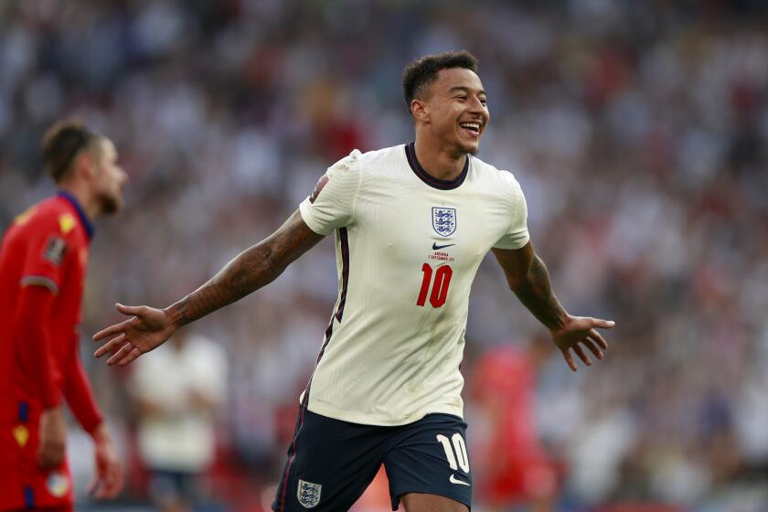 FILE - England's Jesse Lingard celebrates after scoring his side's third goal during the World Cup 2022 group I qualifying soccer match between England and Andorra at Wembley stadium in London, on Sept. 5, 2021. Former Manchester United player Jesse Lingard could be the next Premier League star to join the Saudi Arabian league. The England international, who is a free agent, is training with Saudi club Al-Ettifaq after leaving Nottingham Forest at the end of the last season. (AP Photo/Ian Walton, File)