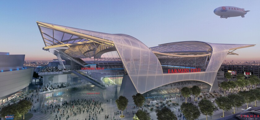 Shown is an artist's rendering of the proposed NFL stadium, called Farmer's Field in Los Angeles, provided by Anschutz Entertainment Group. AEG received a six-month extension for its agreement with Los Angeles to build a professional football stadium next to the L.A. Convention Center.