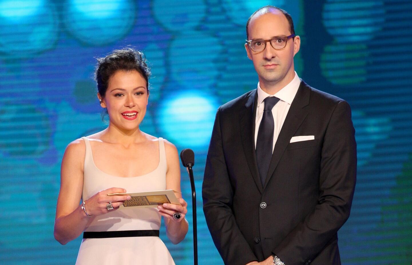 Tatiana Maslany, left, and Tony Hale present the award for supporting actress in a drama series.