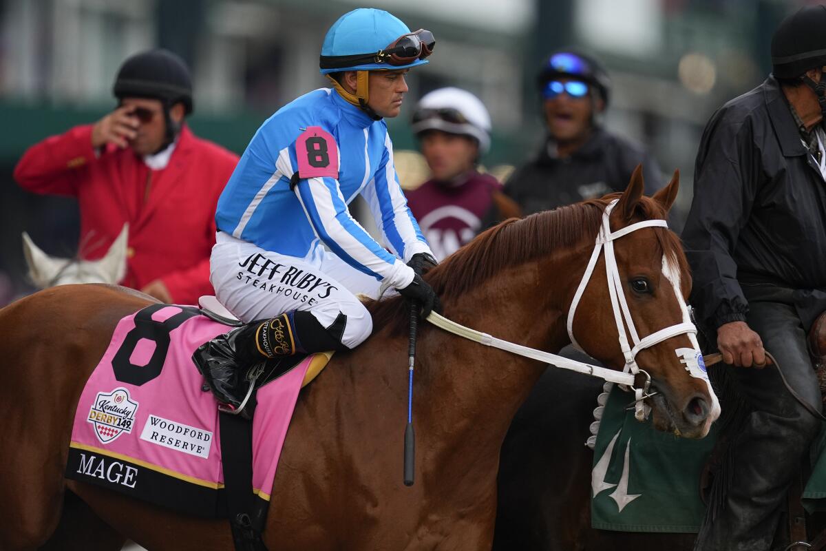 Javier Castellano, atop Mage, parades on the track before the Kentucky Derby on May 6 in Louisville, Ky. 