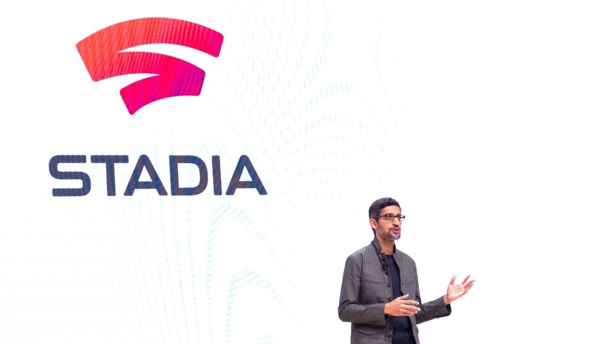 Google Chief Executive Sundar Pichai announces the company's new streaming games service Stadia on Tuesday in San Francisco.