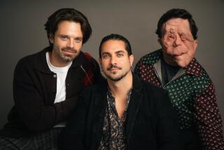 Prosthetics artist Mike Marino with Adam Pearson and Sebastian Stan who star in A24's "A Different Man" in New York.