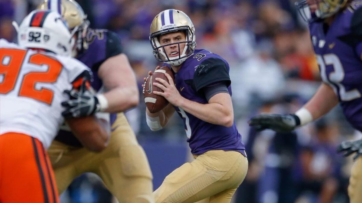 Washington quarterback Jake Browning looks to pass during a game against Oregon State on Oct. 22.