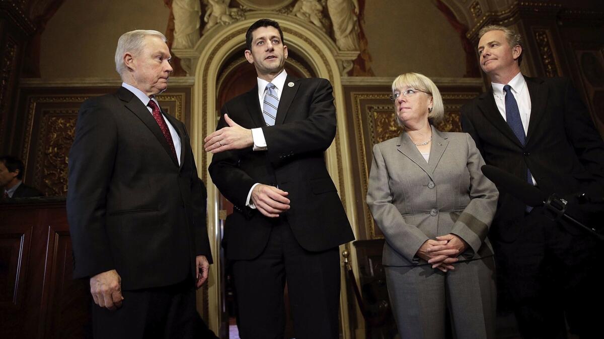 Members of the bipartisan budget conference Sen. Jeff Sessions (R-Ala.), Rep. Paul D. Ryan (R-Wis.), Sen. Patty Murray (D-Wash.) and Rep. Chris Van Hollen (D-Md.) speak to the media the day after Congress voted to ending a 16-day government shutdown. (Win McNamee / Getty Images)