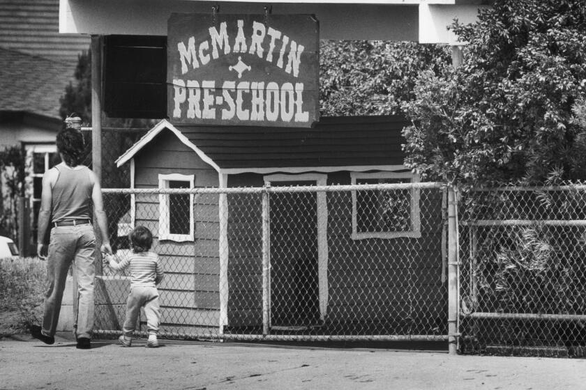 Exterior view of McMartin Preschool in Manhattan Beach, California, April 19, 1989, that had been restored to the way it looked at the time of alleged molestations that caused the school closure. A developer purchased the McMartin PreSchool with plans to raze it and build an office building on it and the adjacent site. Photo Credit: Lacy Atkins / Los Angeles Times