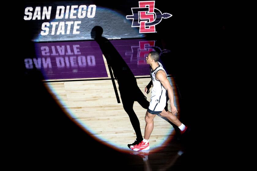 Spokane, WA - March 22: San Diego State forward Jaedon LeDee (13) walks the court after being announced before the Aztecs first round of the NCAA tournament game against UAB at Spokane Arena on Friday, March 22, 2024 in Spokane, WA. (Meg McLaughlin / The San Diego Union-Tribune)