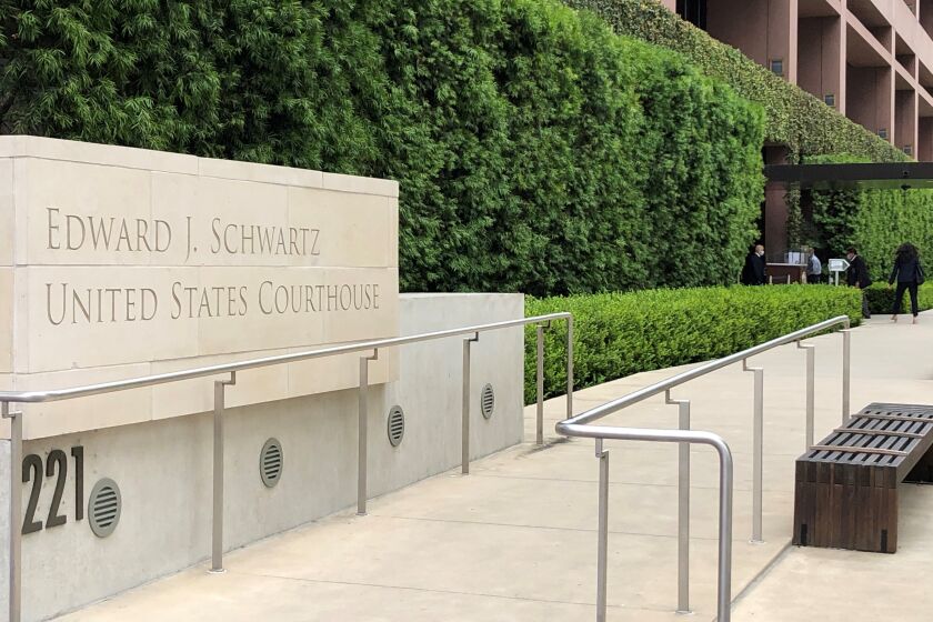 The entrance to the Edward J. Schwartz U.S. Courthouse in downtown San Diego.