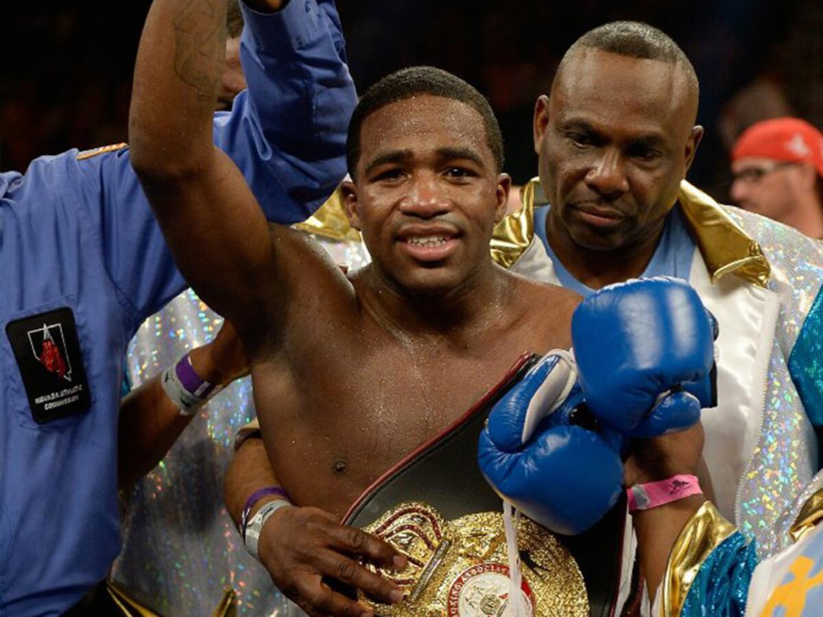 Adrian Broner reacts to his win over Carlos Molina on May 3, 2014.