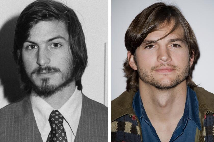 Steve Jobs, left, co-founder of Apple Computer Inc., is pictured in April 1977 at the first West Coast Computer Faire, where the Apple II computer debuted. Actor Ashton Kutcher, right, is seen in 2011.