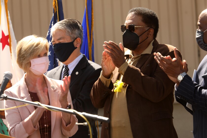L Supervisor Janice Hahn, Al Muratsuchi, Chief Duane Shepard, Sr., and California State Senator Steven Bradford.