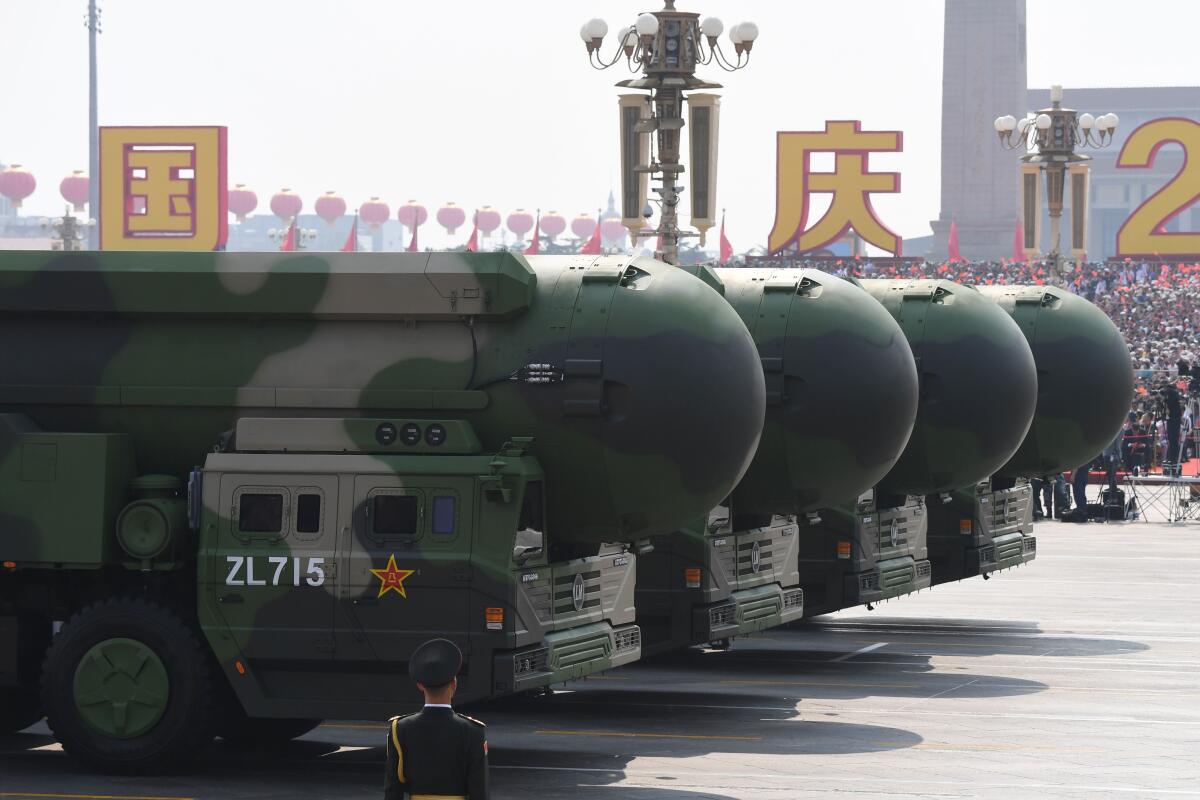 China's DF-41 nuclear-capable intercontinental ballistic missiles lined up 