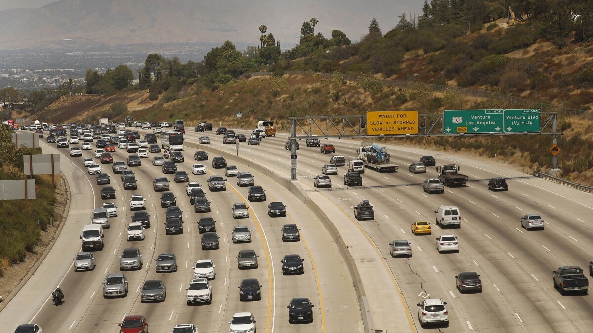 The 405 Freeway traffic looking north to the San Fernando Valley in Los Angeles on August 2.
